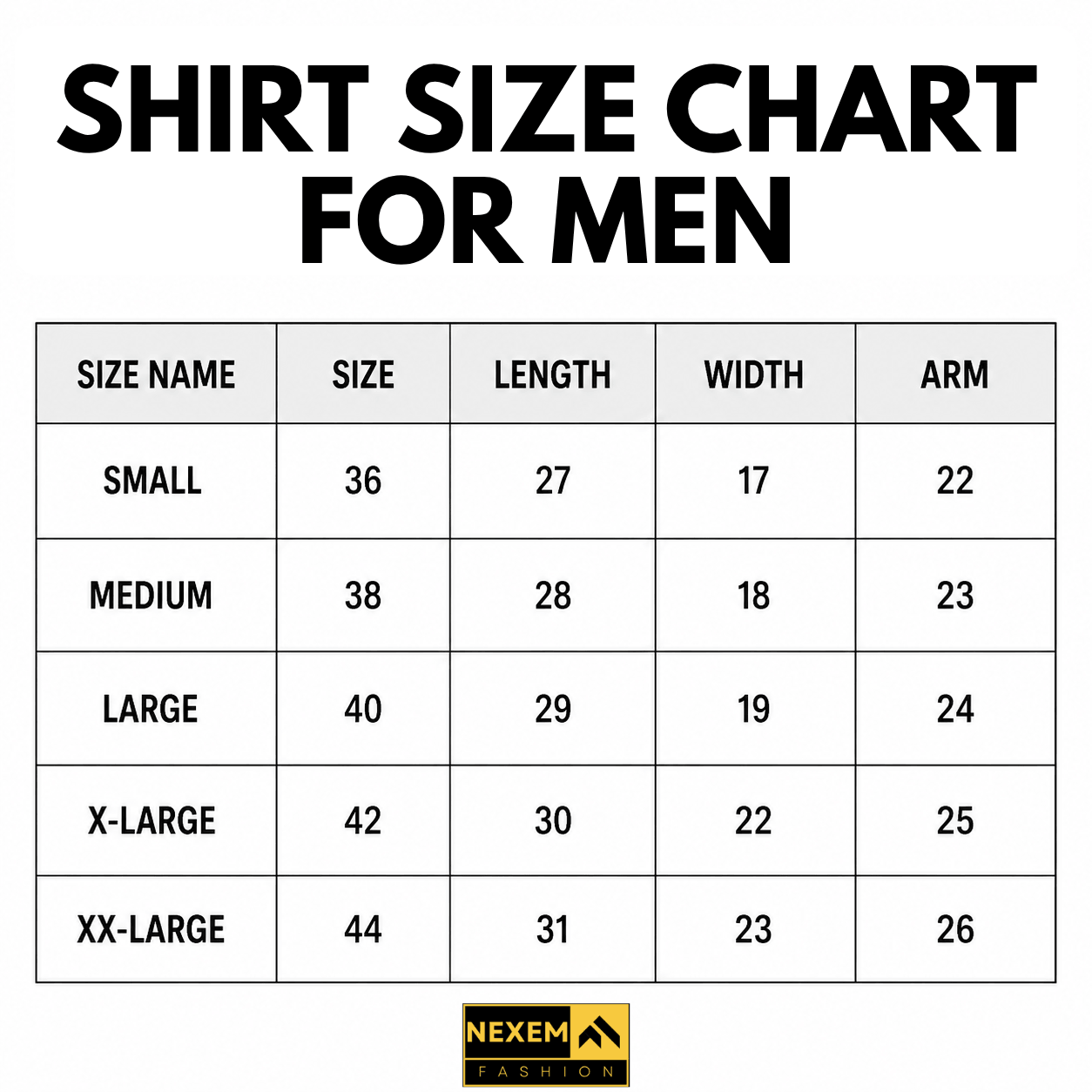shirt size chart for men